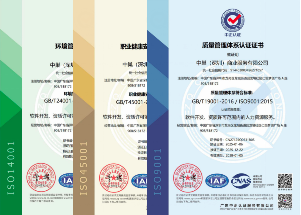 喜讯 | 中巢（深圳）商业服务有限公司荣获ISO三体系认证（CNAS）